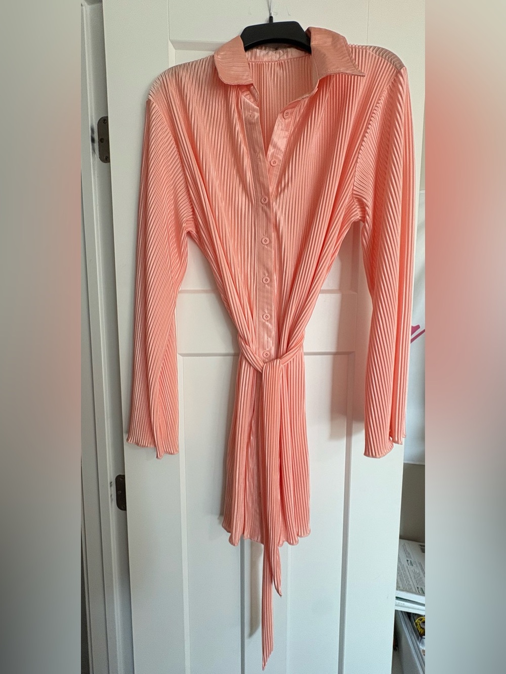 Amazon Peach-Pink Long-Sleeve Pleated Shirt Dress with Self-Tie Waist